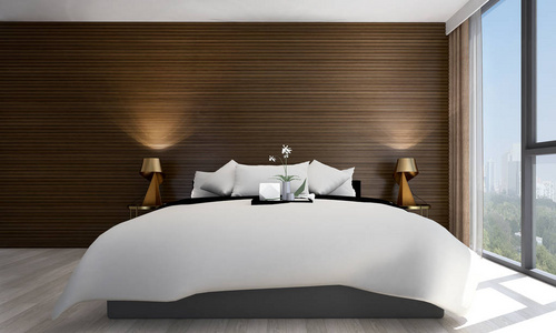 豪华卧室室内设计与木质墙体背景