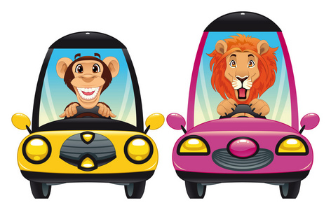 在车里的动物 猴子和狮子