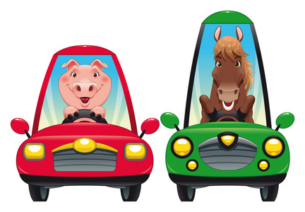 在车里的动物 猪和马