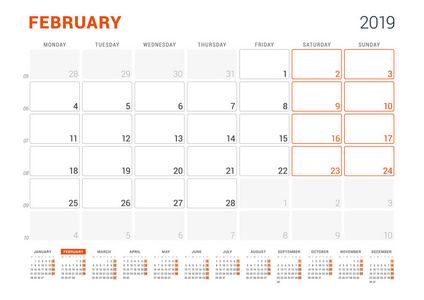 2019年2月。日历规划师2019年。矢量设计打印模板。星期 sarts 在星期一