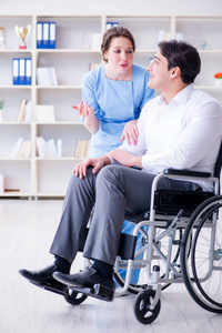 轮椅上的残疾病人定期检查医生