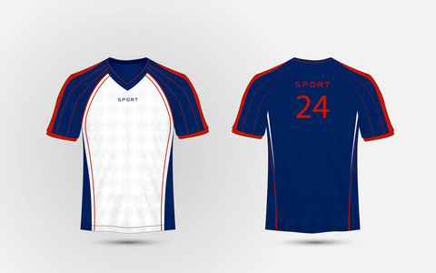 蓝色, 白色和红色线布局足球运动 t恤衫, 套装, 球衣, 衬衫设计模板