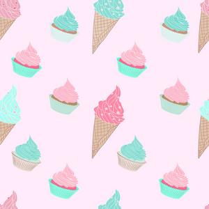 无缝模式与冰淇淋在锥形和蛋糕在粉红色的背景。模式与糖果