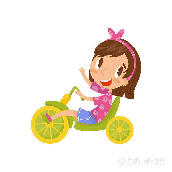 可爱的小女孩骑三轮车, 可爱的卡通人物矢量插图白色背景