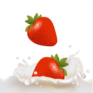 红色草莓果实落入乳白色闪屏