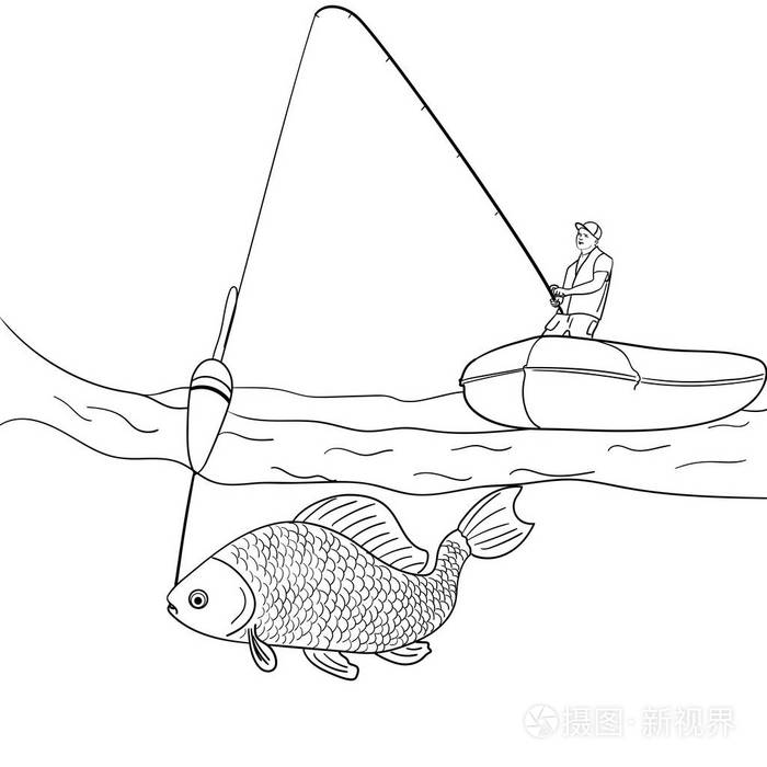 对象的白色背景男子谁在露天捕鱼.渔夫在小船上拉鱼.着色为儿童媒介