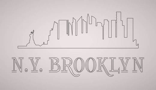 纽约布鲁克林天际线和地标剪影, 黑白设计, 线向量插图