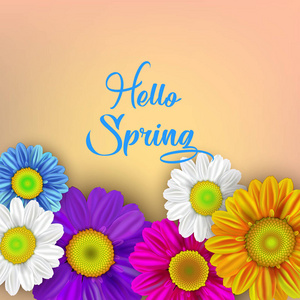 多彩的春天背景与美丽的花朵。矢量 illust