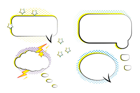 设置复古漫画泡沫。流行艺术风格的空白模板卡通。半色调背景。矢量