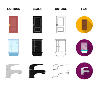 门, 淋浴间, 镜子, 抽屉, 水龙头。家具集合图标在卡通, 黑色, 轮廓, 平面风格矢量符号股票插画网站