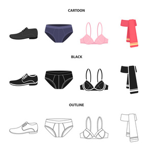 男鞋, 胸罩, 内裤, 围巾, 皮革。服装套装集合图标卡通, 黑色, 轮廓风格矢量符号股票插画网站