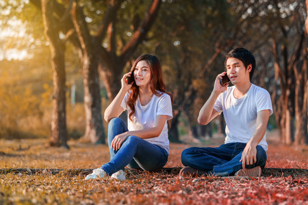年轻夫妇在公园里谈论手机