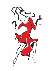 穿红衣服的女孩。一杯酒的女孩。舞蹈。帽子。喝酒。有趣. 矢量