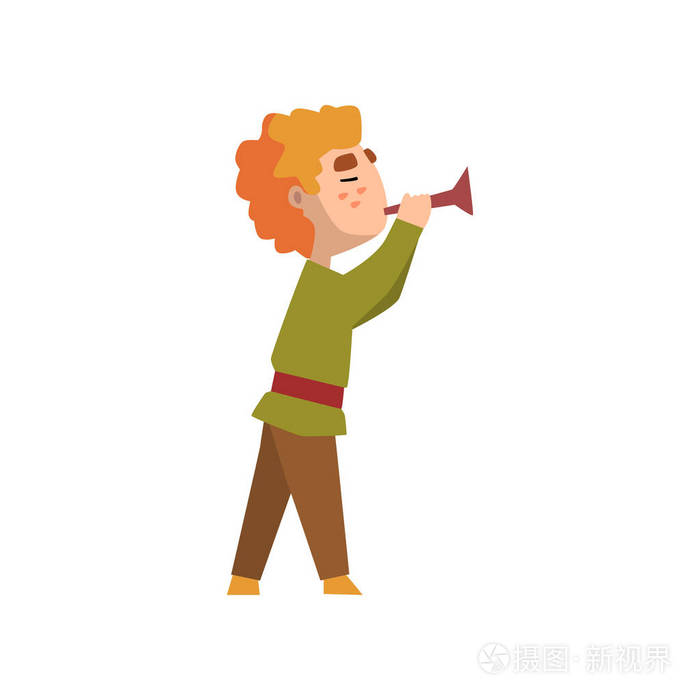 男子在中世纪的衣服吹小号矢量插图白色背景