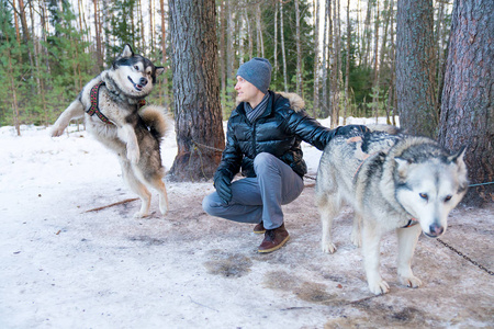 年轻男子玩可爱的哈士奇狗在冬季森林由雪橇