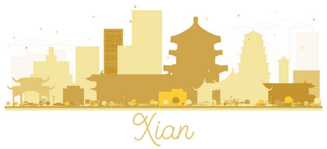 西安中国城市天际线金色剪影