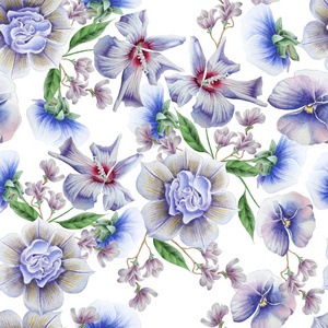 明亮的无缝图案与蓝色的花朵。紫罗兰.芙蓉.水彩插图。手绘