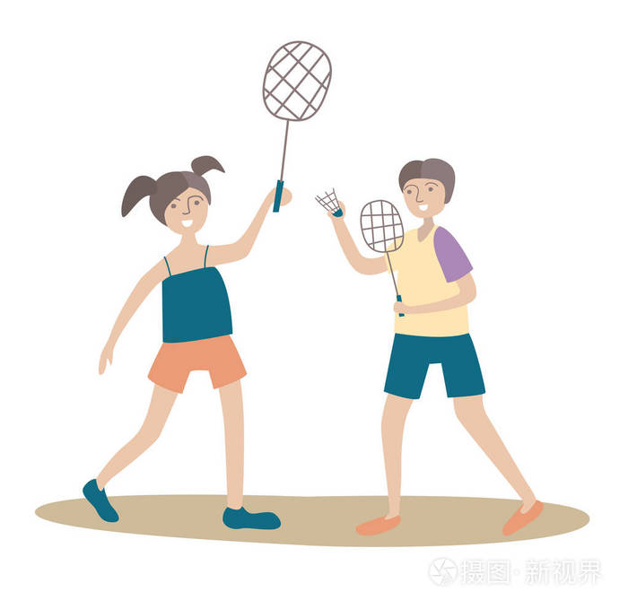 幸福的情侣, 男人和女人打羽毛球.矢量插图, 在白色上