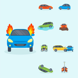 汽车碰撞碰撞交通保险安全汽车紧急灾难和紧急修复运输矢量图