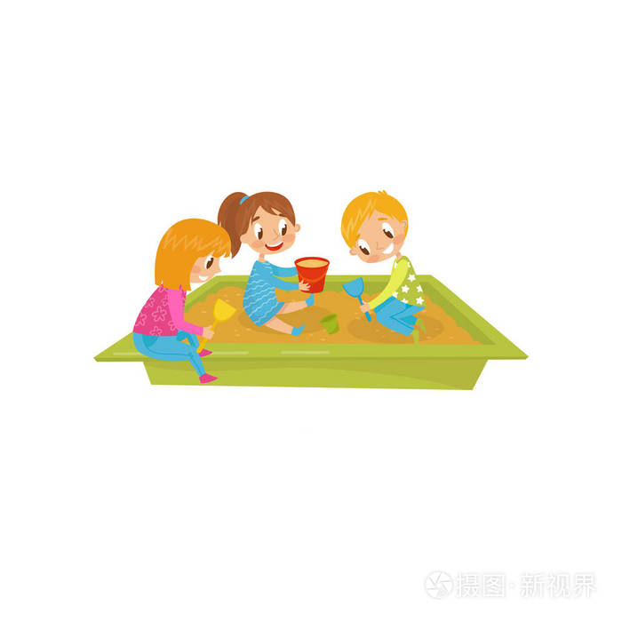 男孩和女孩玩在沙坑, 孩子们在操场上的矢量插图白色背景