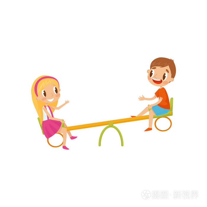 男孩和女孩骑跷跷板, 孩子们在操场上的矢量插图白色背景
