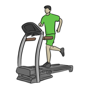 男子跑在健身房的跑步机矢量插图草图涂鸦手绘制与黑色线隔离在白色背景。锻炼健身和健康生活方式的概念