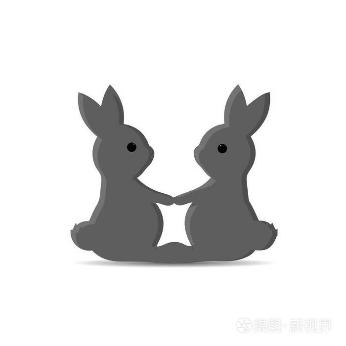 灰色的兔子抱着对方的爪子, 在白色背景上的剪影, 矢量