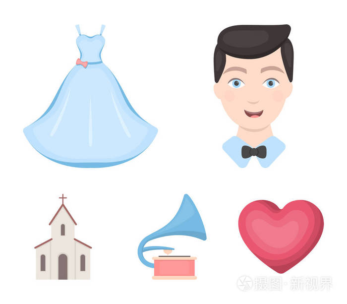 婚礼礼服, 新郎, 留声机, 教堂.婚礼集合图标卡通风格