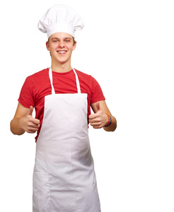 年轻厨师男人做成功符号反对一个白色的肖像