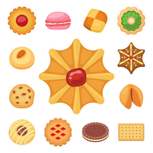 不同的饼干蛋糕顶部视图甜食美味小吃饼干甜甜点矢量插画