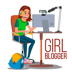 女孩博客载体。流行视频沃客, 让我们玩, 复习频道。在线流视频。女孩博客创造者。平面矢量图