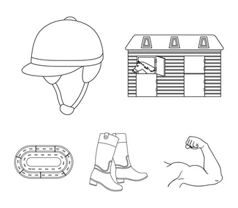 靴子, 草地, 体育场, 轨道, 休息。竞技场和马集合图标在大纲样式矢量符号股票插画网站