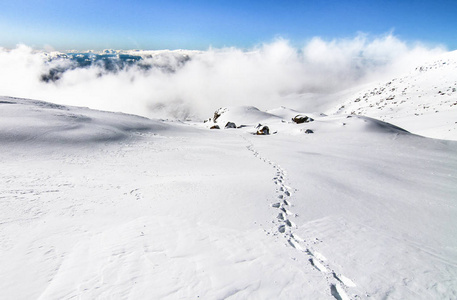足迹沿着雪地的鲁阿佩胡在新西兰的顶峰