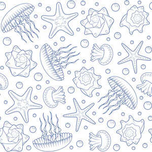 背景海星, 贝壳和水母。无缝矢量模式
