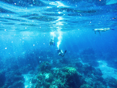 墨西哥坎昆加勒比海蓝水中的员和 snorkler