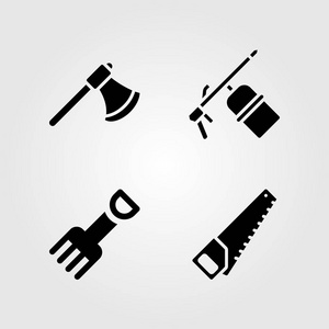 工具图标设置。矢量插图斧头, 焊工, 手锯和叉子