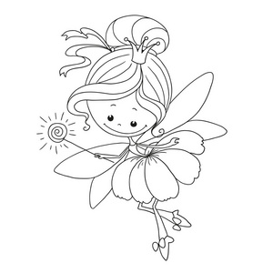 可爱的仙女性格。花仙子字符为着色页。在白色背景上隔离的向量。涂鸦手画
