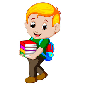 动画片男孩拿着一堆书与背包