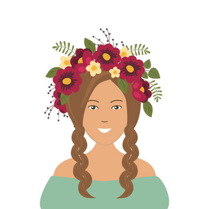可爱的微笑女孩与辫子在一个花圈的花朵。肖像.白色背景上的矢量插图