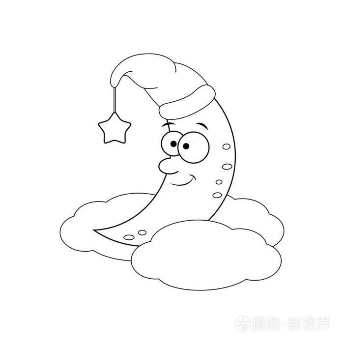 无色滑稽的卡通月亮在云彩上.矢量插图