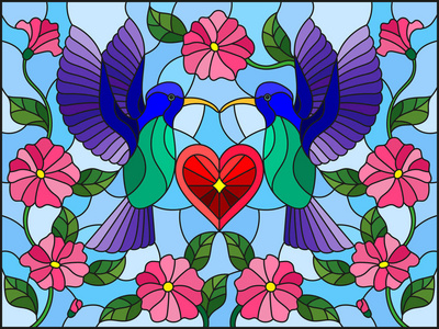 插图在彩绘玻璃风格与一对蜂鸟和一颗心对天空和花朵