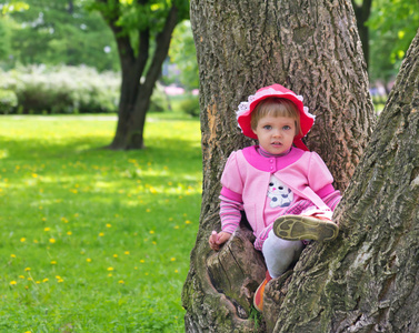 小女孩爬到树上和坐在它