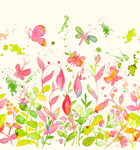 快乐和明亮的花朵无缝的边界与手工绘制水彩花和树叶。纺织印花包装纸包装等精美饰品