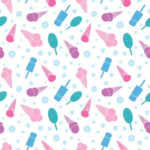 粉红色蓝色冰淇淋和花卉无缝图案