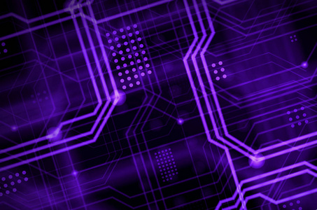 一种抽象的技术背景, 由许多发光的导线和点组成一个物理主板。紫罗兰色
