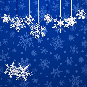 蓝色背景下白色挂雪花的圣诞插图