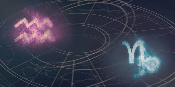 水瓶座和摩羯座星座的一致性。夜空抽象背景