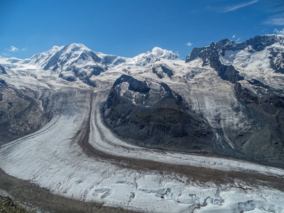 著名 Gorner 冰川, 第二大冰川在阿尔卑斯瑞士