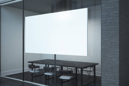 当代会议室, 玻璃墙上有空的广告牌。演示的概念。模拟, 3d 渲染