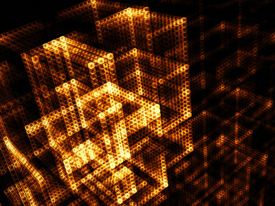 金色发光的立方体。抽象计算机生成的图像。分形背景为封面, 网页设计, 海报